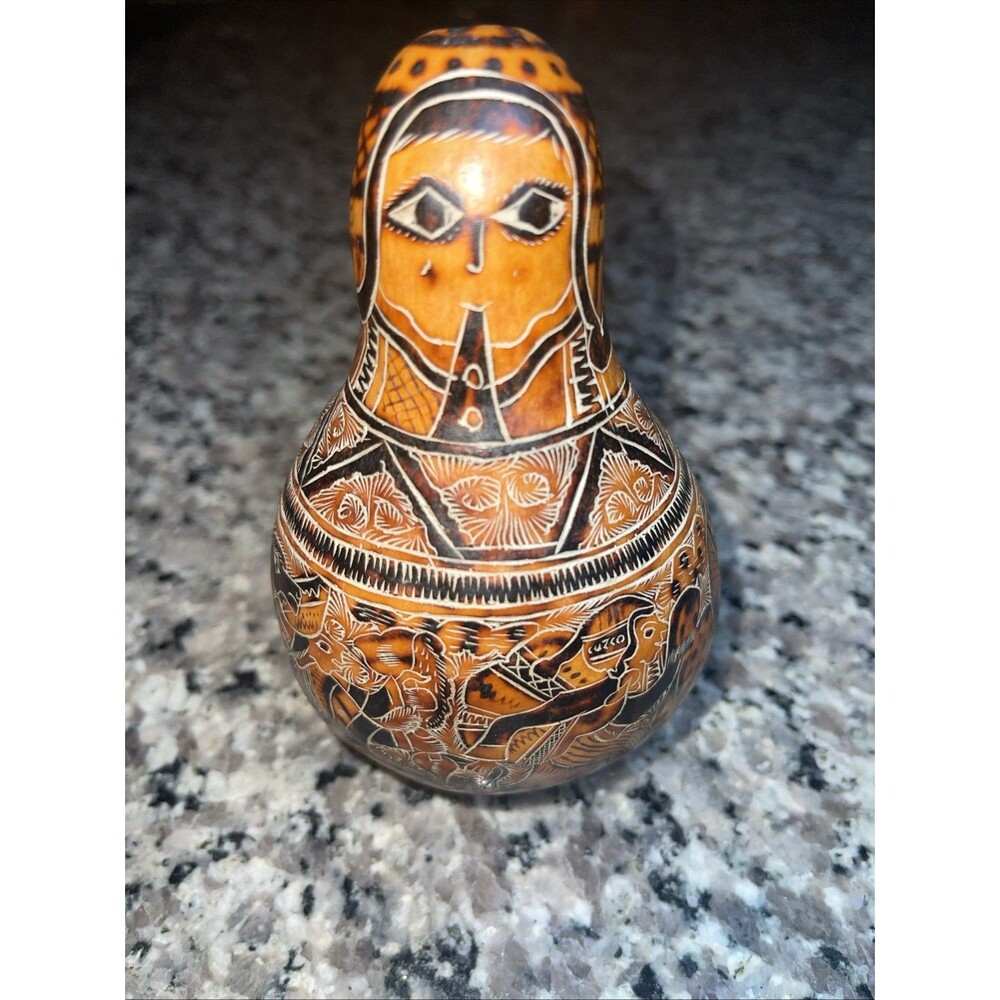 Hand Carved Peruvian Gourd Rattle Folk Art Handmade Burned Etched Peru Decor